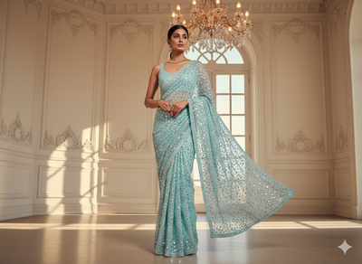 Light Blue Pure Viscose Georgette With Sequins Embroidered Fabric