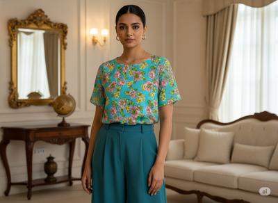 Sky Blue Floral Digitally Printed Butter Crepe Fabric