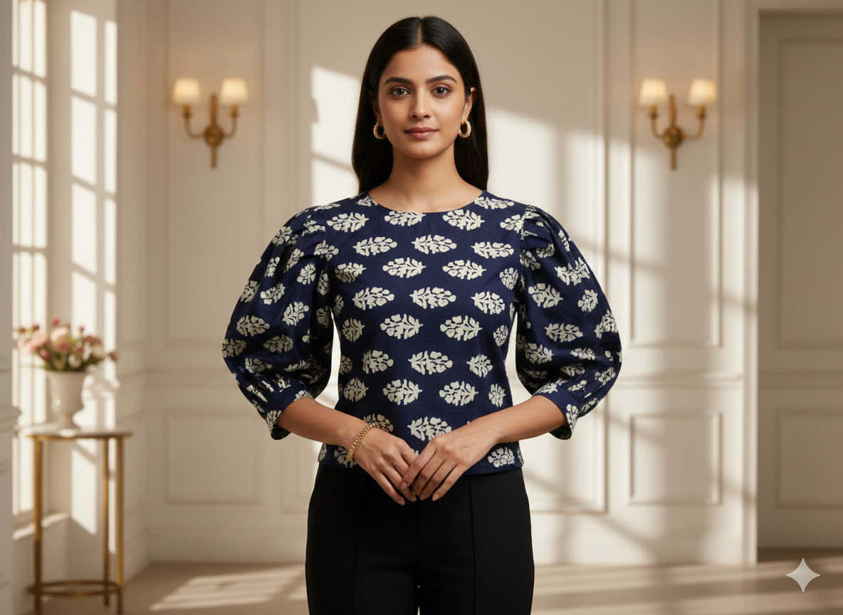 इंडिगो हैंडब्लॉक्ड शुद्ध कॉटन फ़ैब्रिक