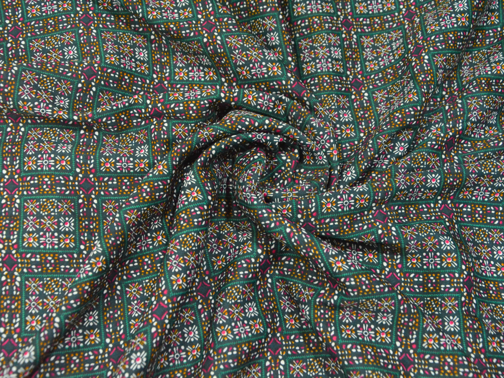 Green Square Block Dgitally Printed Butter Crepe Fabric