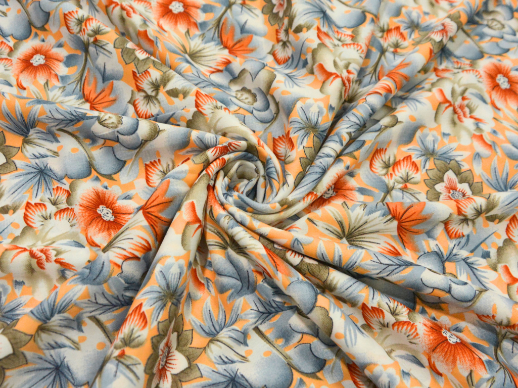 Orange Floral Digitally Printed Butter Crepe Fabric