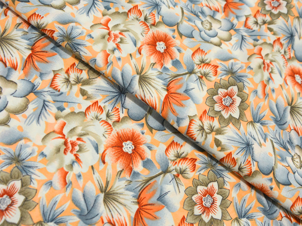 Orange Floral Digitally Printed Butter Crepe Fabric