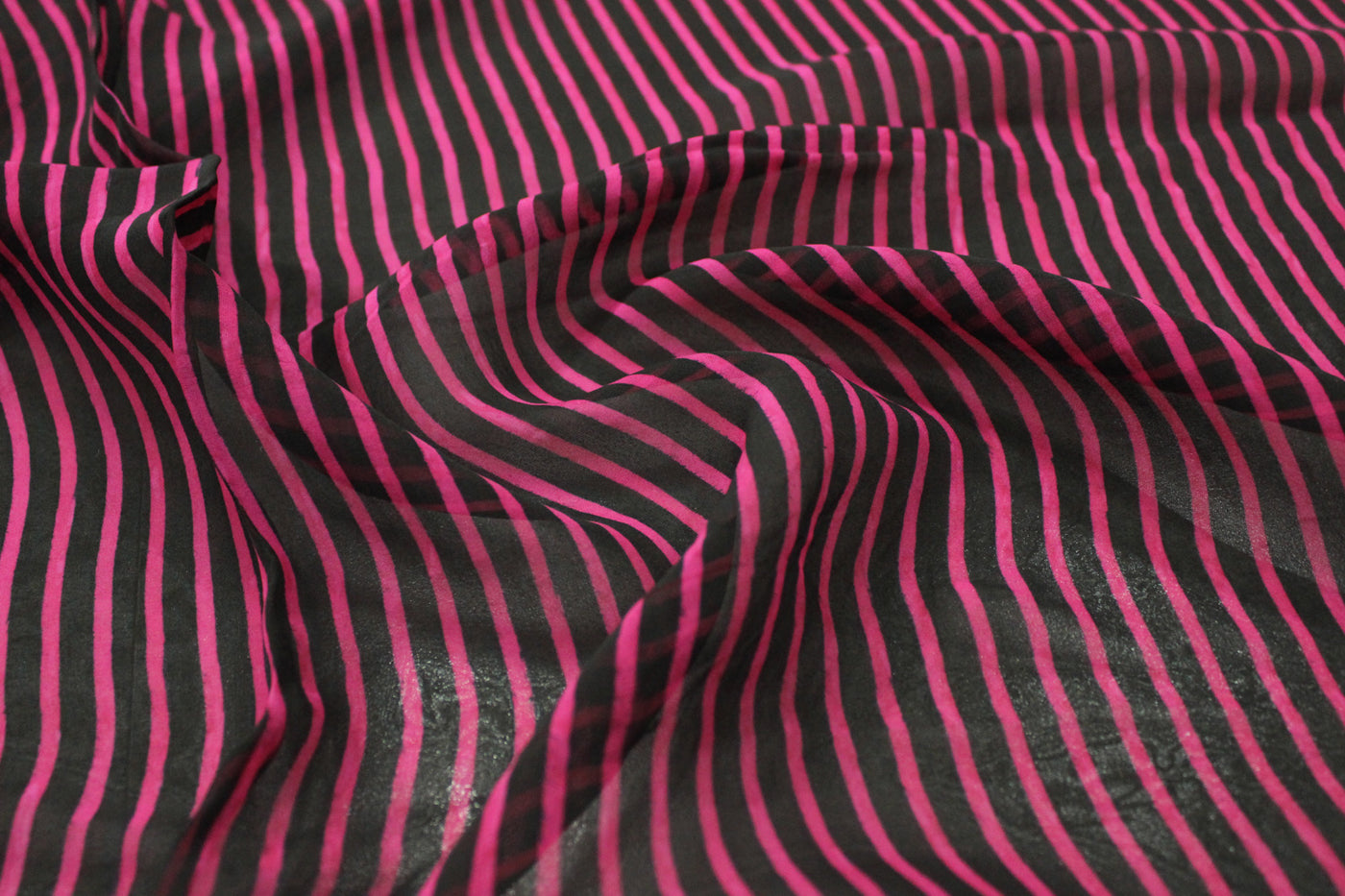 Pink & Black Stripes Printed Organza Fabric