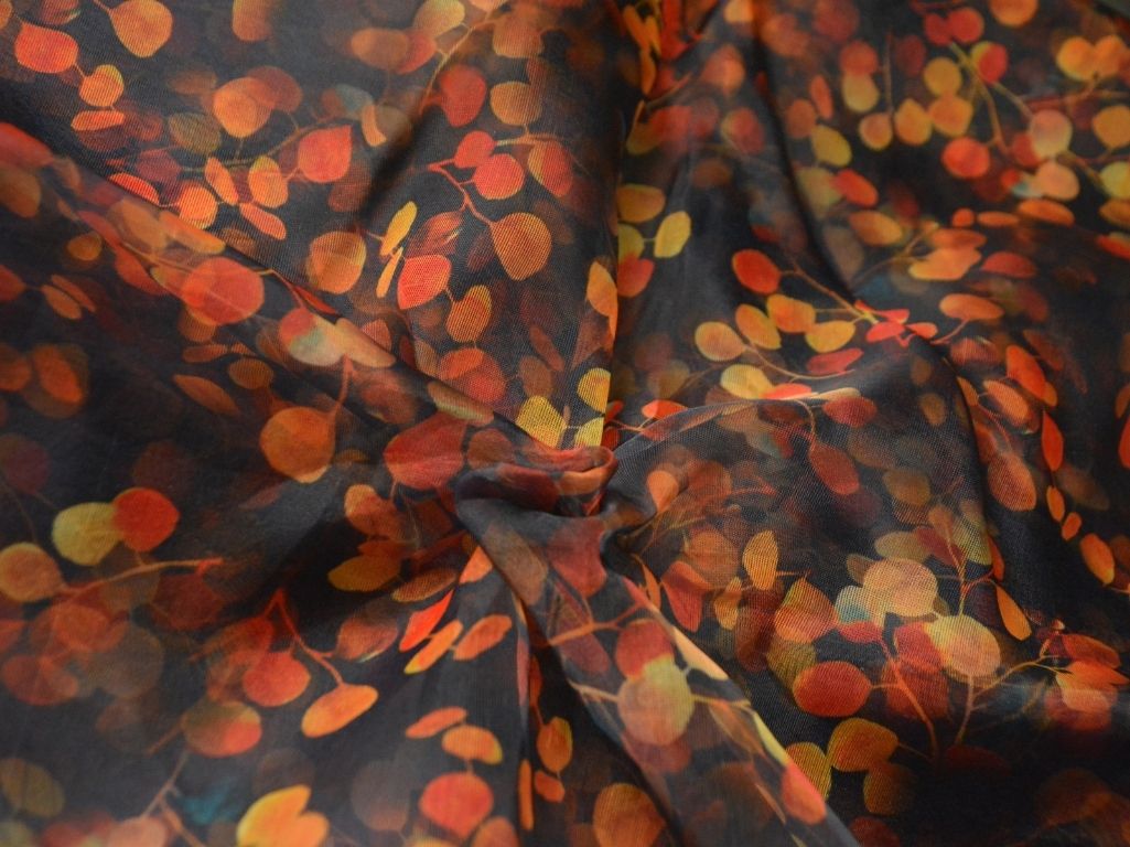 Black Leaf Digital Printed Liquid Organza Fabric