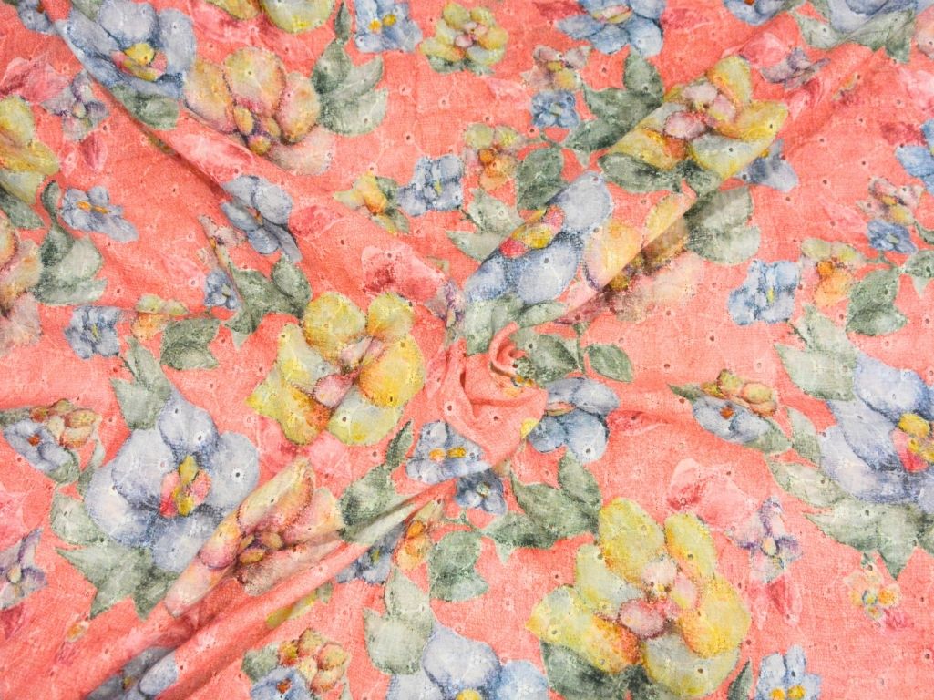 Peach 100 % Pure Cotton Chikan Embroidered Fabric