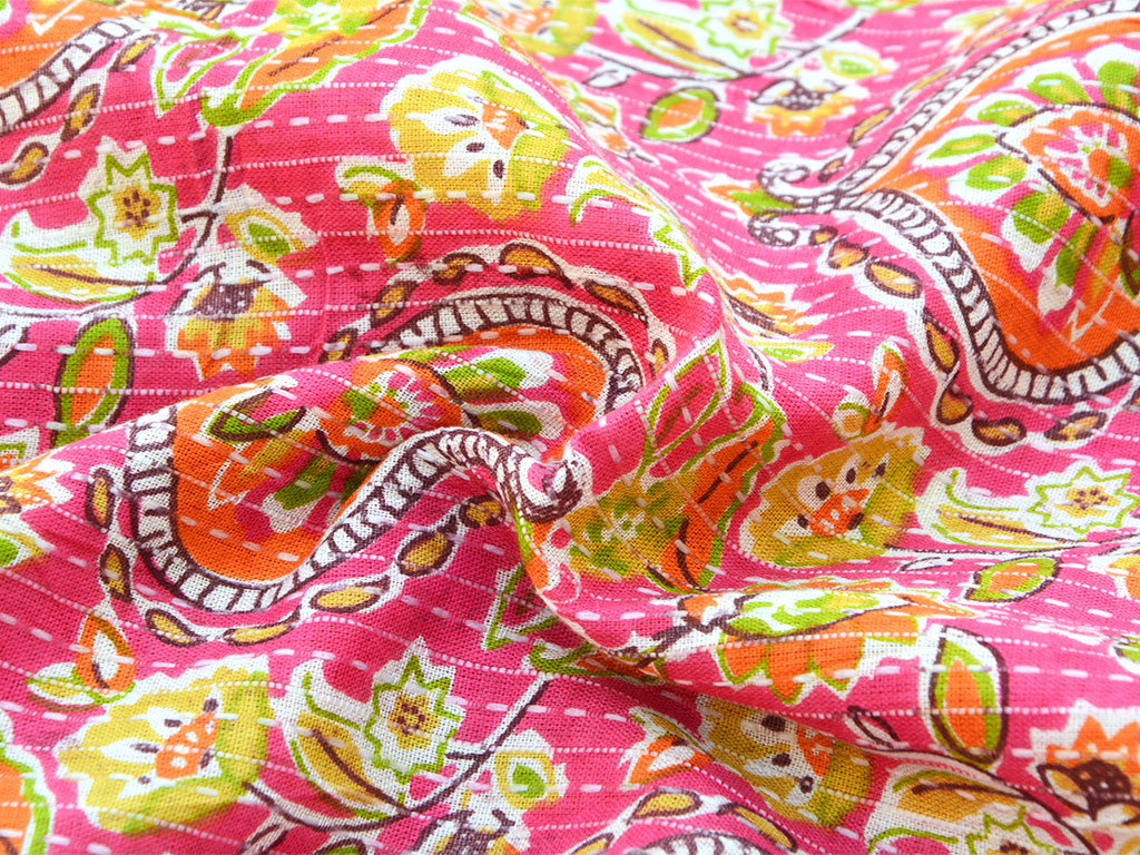 Pink Floral Pure Cotton Kantha Fabric