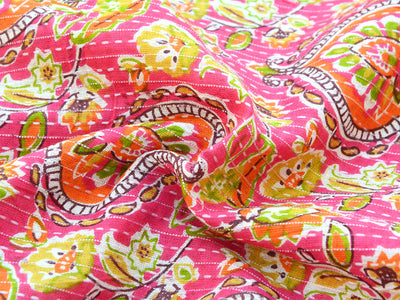 Pink Floral Pure Cotton Kantha Fabric