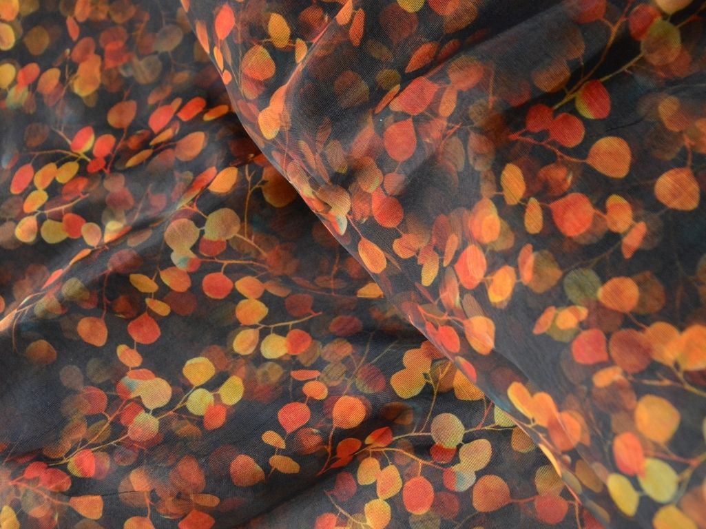 Black Leaf Digital Printed Liquid Organza Fabric