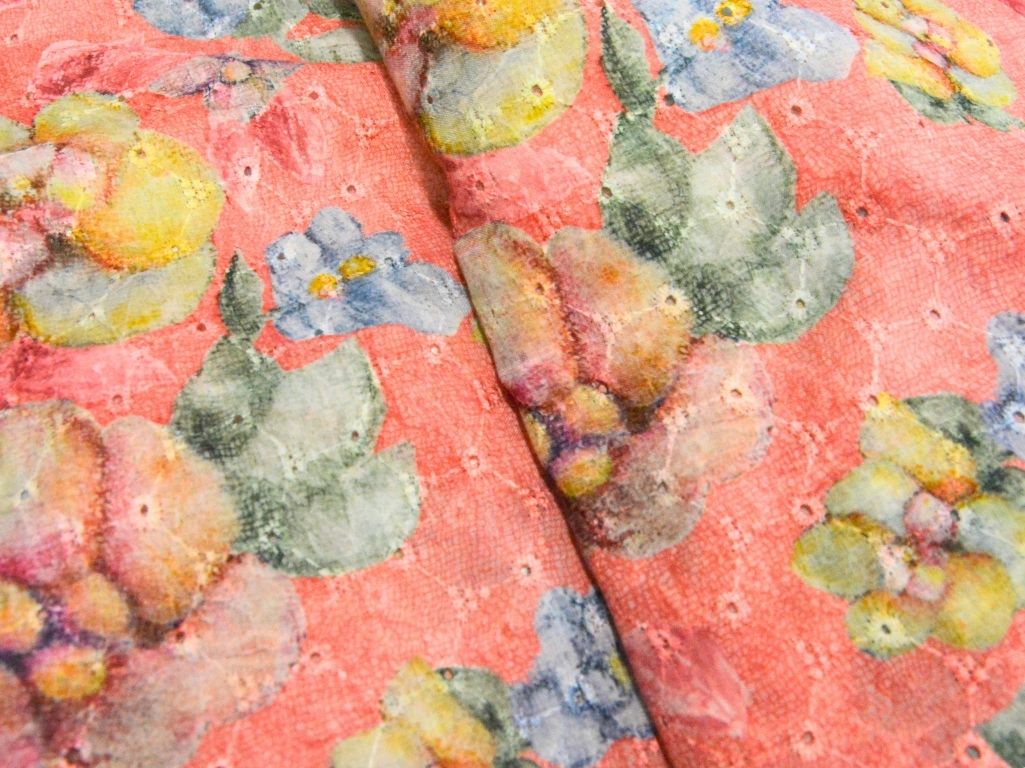 Peach 100 % Pure Cotton Chikan Embroidered Fabric