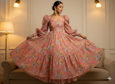 Peach 100 % Pure Mul Mul Cotton Chikan Embroidered Fabric