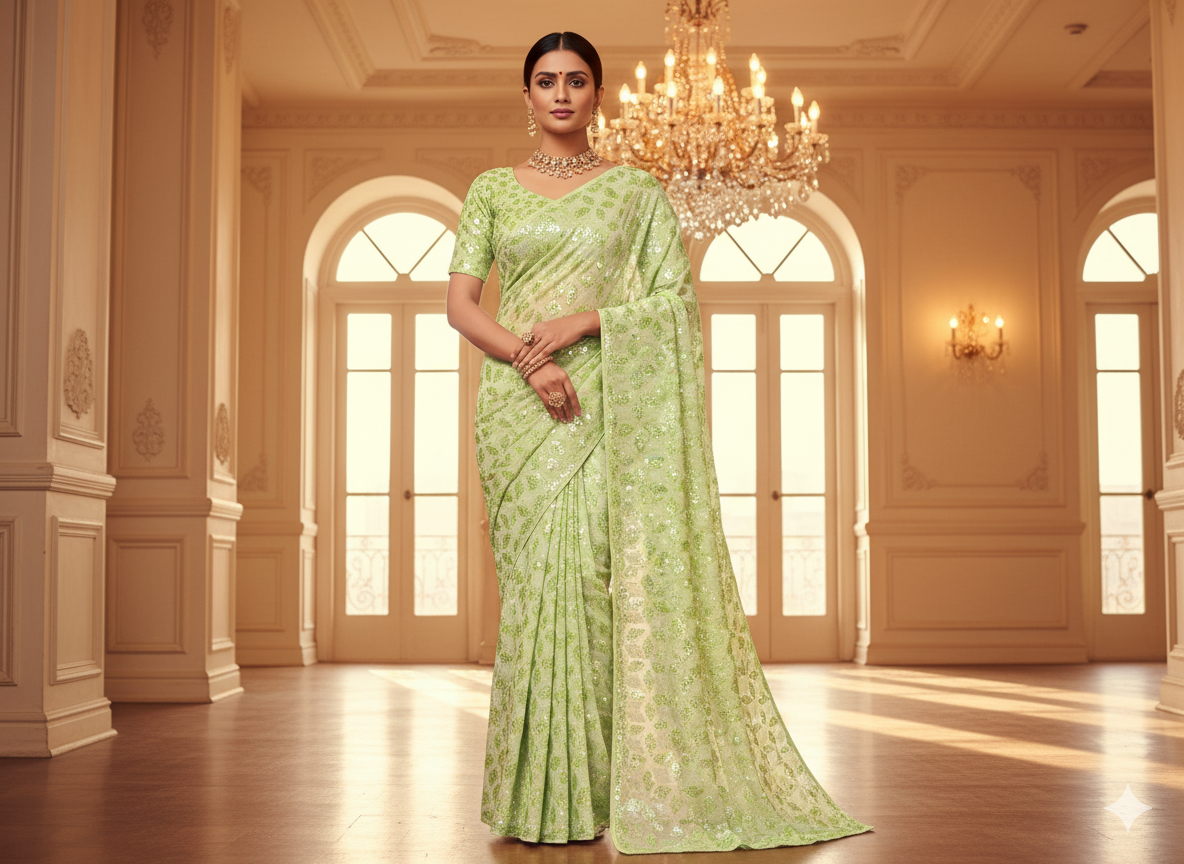 Neon Green Pure Viscose Georgette With Sequins Embroidered Fabric
