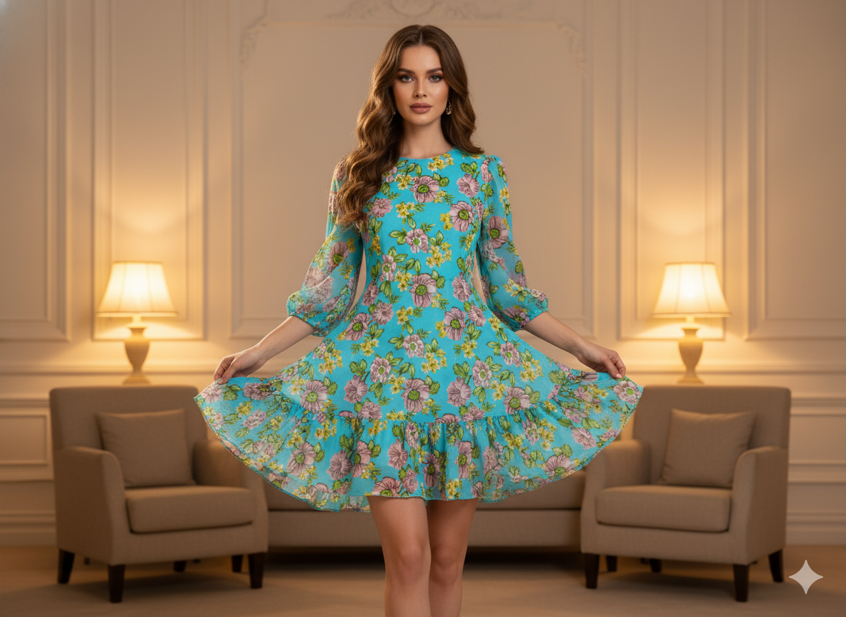 Sky Blue Floral Digitally Printed Butter Crepe Fabric