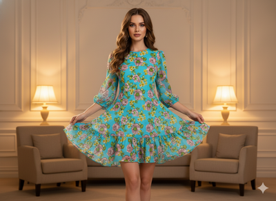 Sky Blue Floral Digitally Printed Butter Crepe Fabric