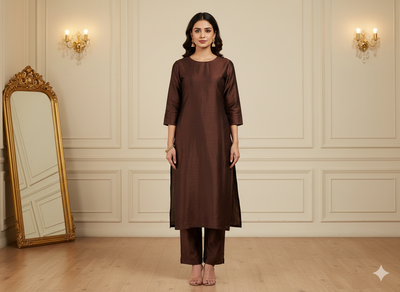 Coffee Brown Plain Bangalore Raw Silk Fabric  (Wholesale)