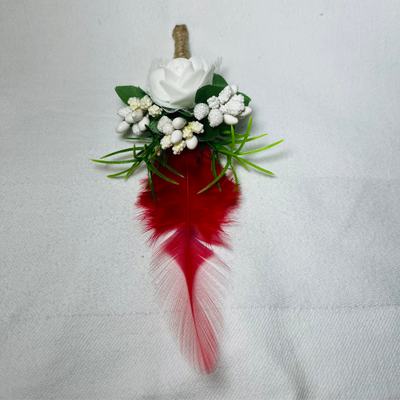 White And Red Faux Feather Flower Brooch