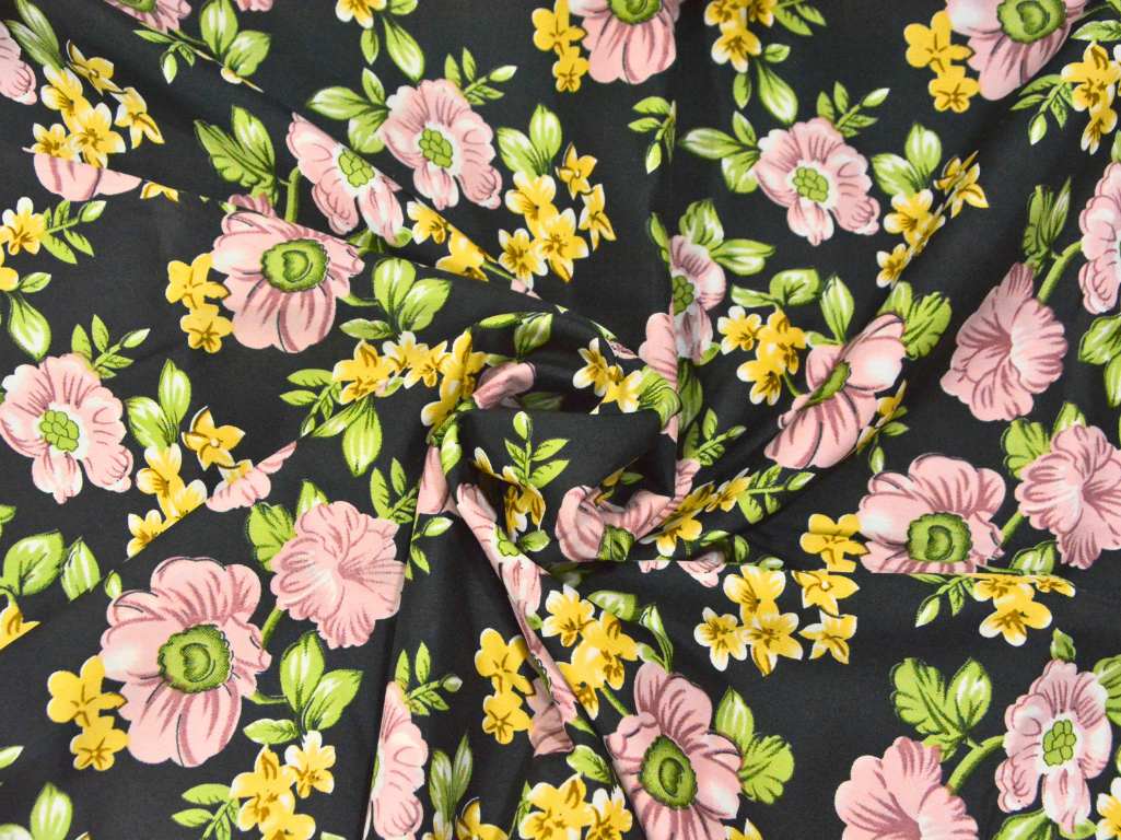 Black Floral Digitally Printed Butter Crepe Fabric