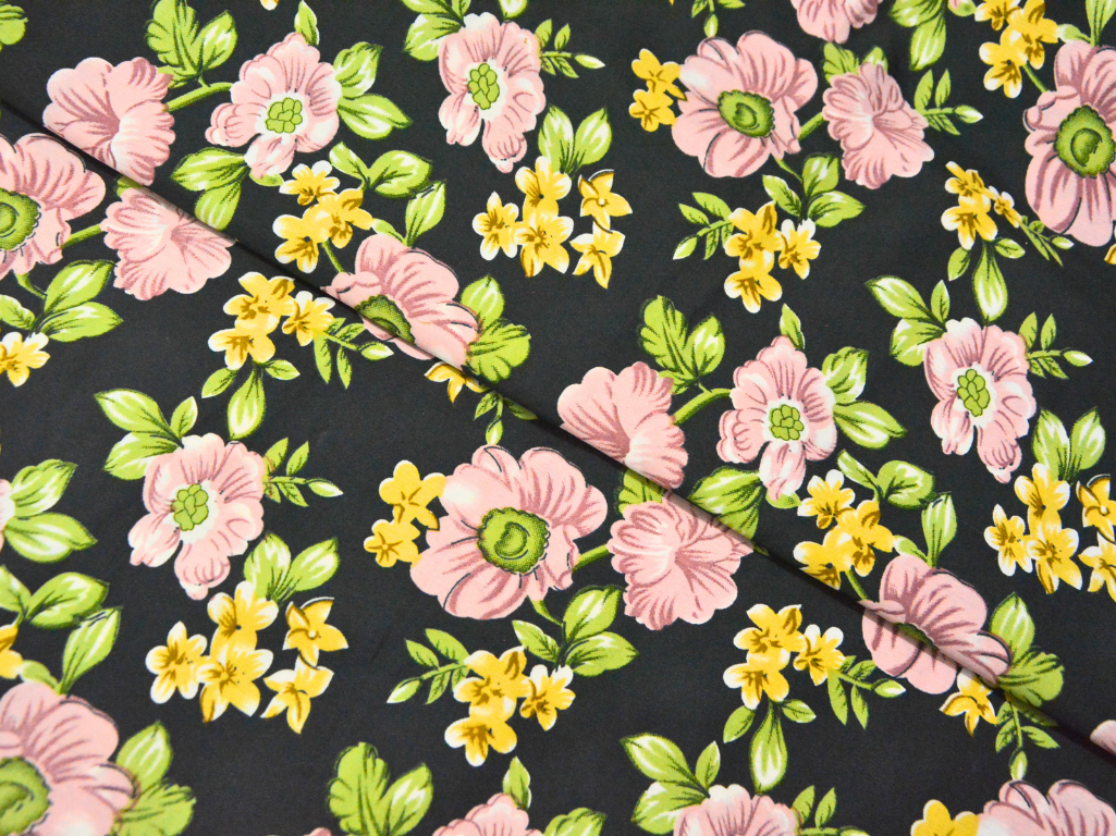 Black Floral Digitally Printed Butter Crepe Fabric
