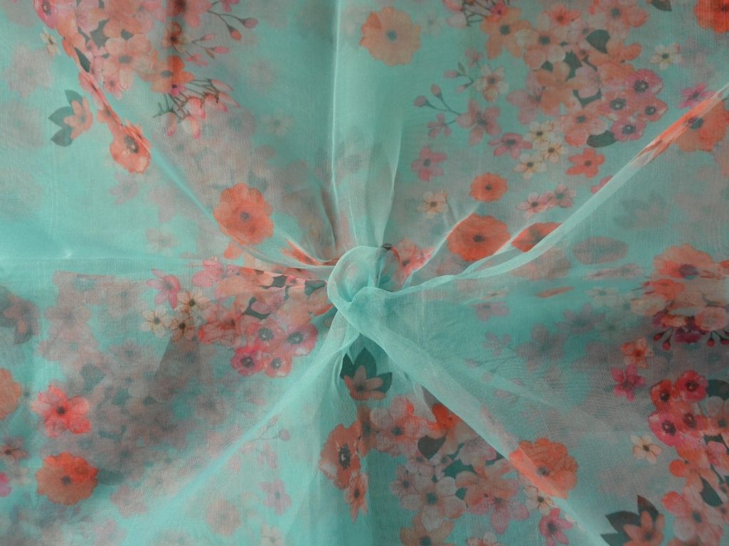 Sea Green Floral Digital Printed Liquid Organza Fabric