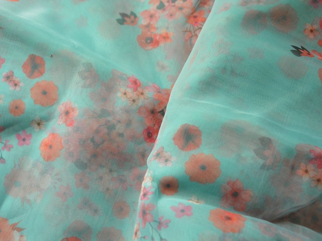 Sea Green Floral Digital Printed Liquid Organza Fabric