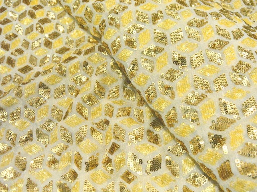 Golden Dyed Viscose Georgette With Sequins Embroidered Fabric