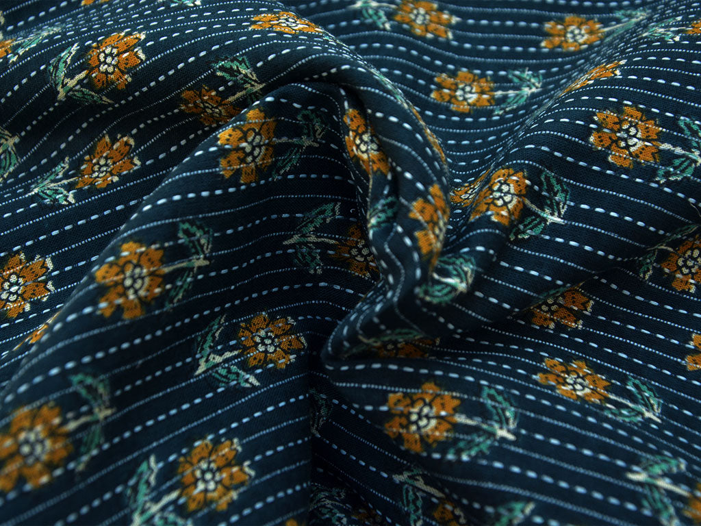 Turquoise Green Floral Pure Cotton Kantha Fabric