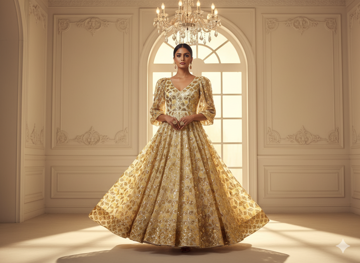Golden Dyed Viscose Georgette With Sequins Embroidered Fabric