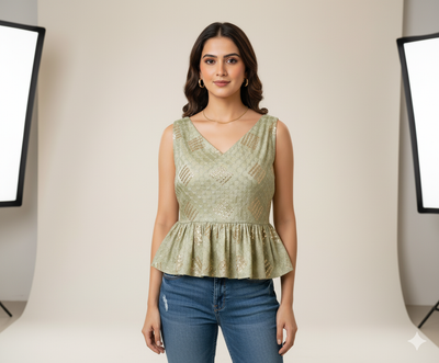 पिस्ता ग्रीन मेटैलिक सेक्विन कढ़ाई मलाई साटन फैब्रिक