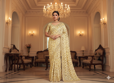 Golden Dyed Viscose Georgette With Sequins Embroidered Fabric