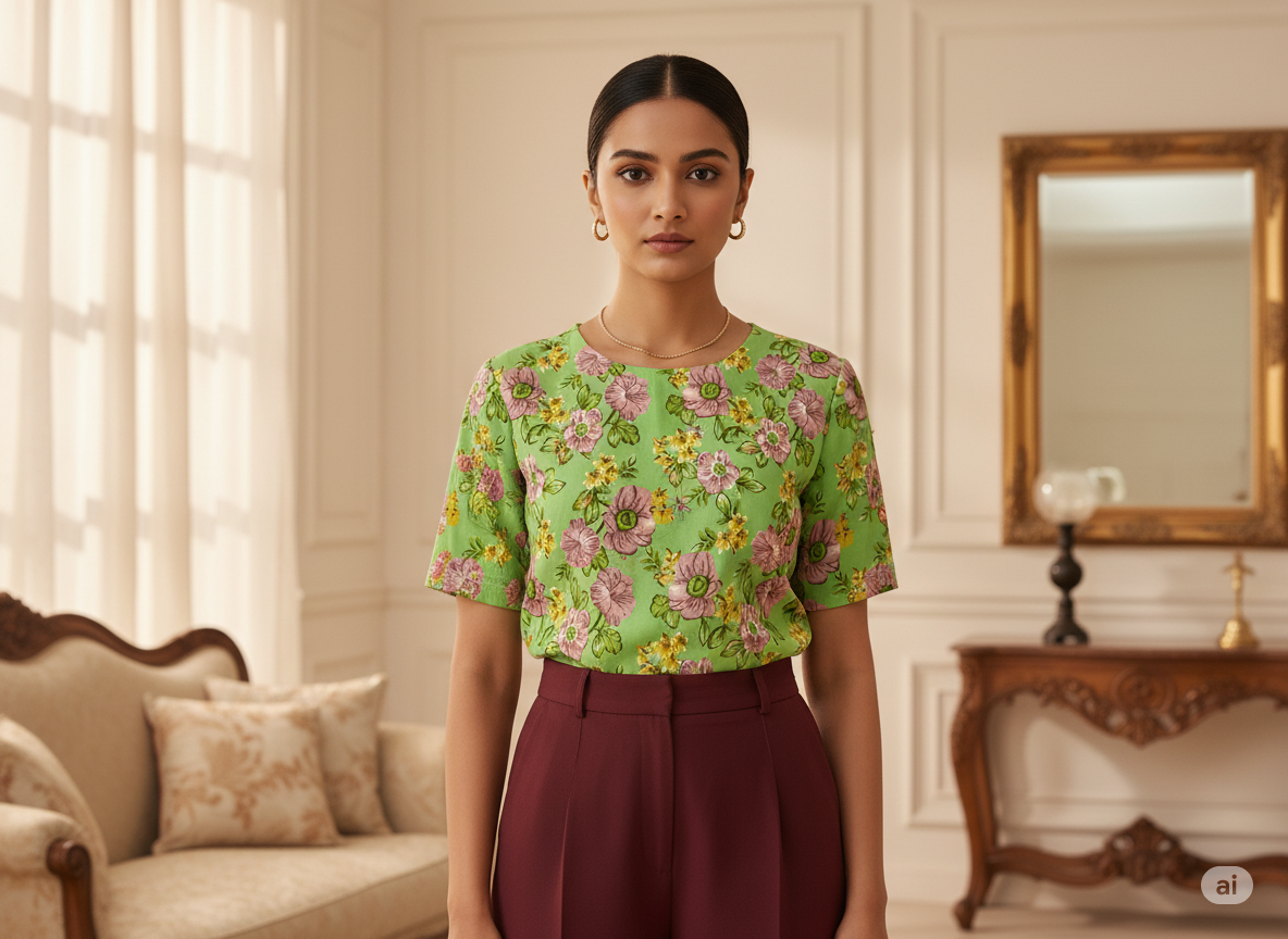 Light Green Floral Digitally Printed Butter Crepe Fabric