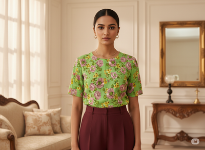 Light Green Floral Digitally Printed Butter Crepe Fabric