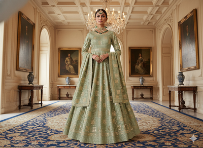 पिस्ता ग्रीन मेटैलिक सेक्विन कढ़ाई मलाई साटन फैब्रिक