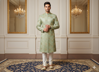 पिस्ता ग्रीन मेटैलिक सेक्विन कढ़ाई मलाई साटन फैब्रिक