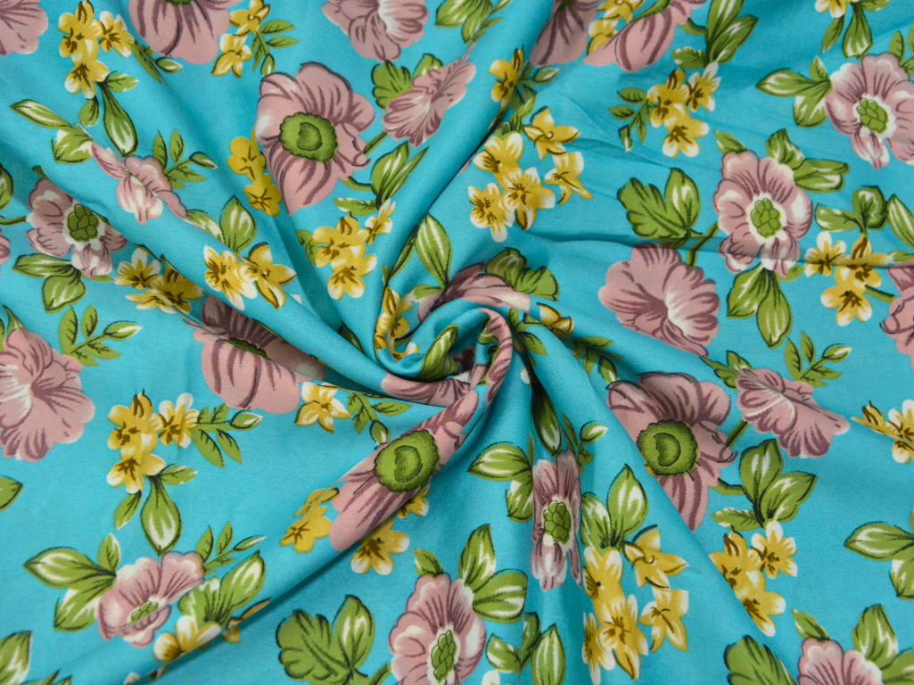 Sky Blue Floral Digitally Printed Butter Crepe Fabric