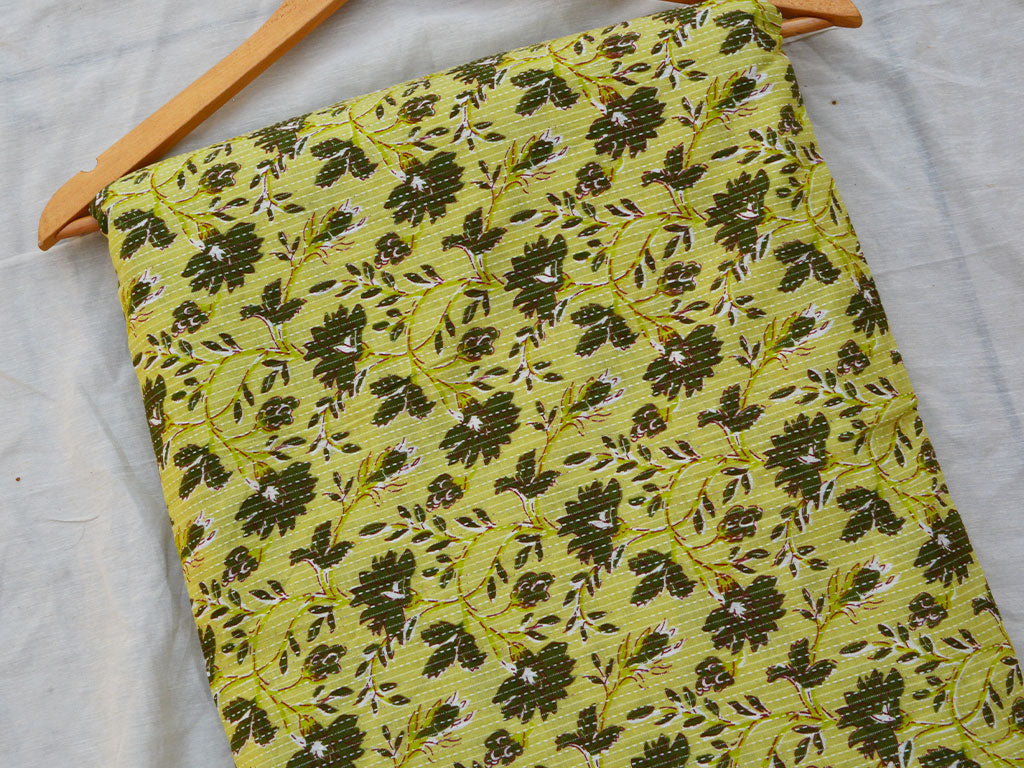 Light Yellow Floral Pure Cotton Kantha Fabric