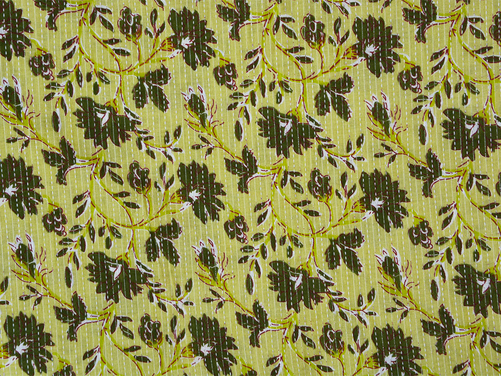 Light Yellow Floral Pure Cotton Kantha Fabric