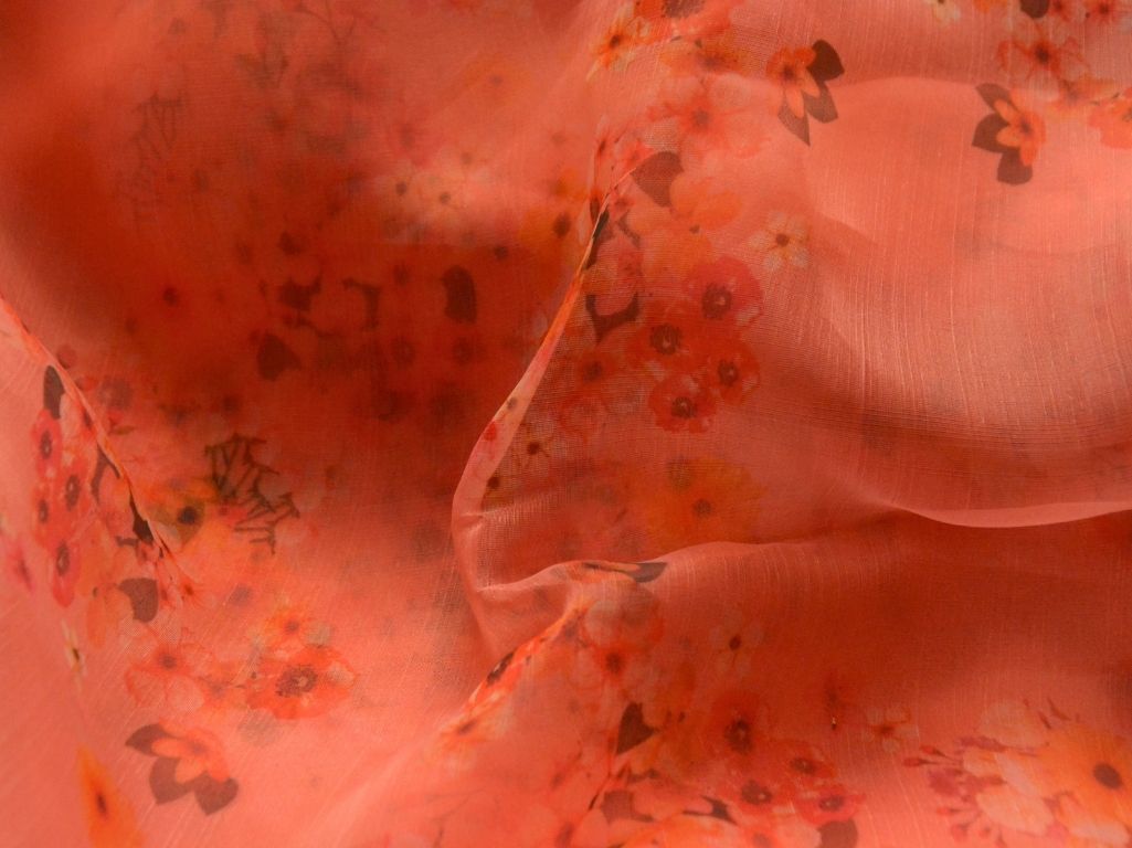 Brick Red Floral Digital Printed Liquid Organza Fabric