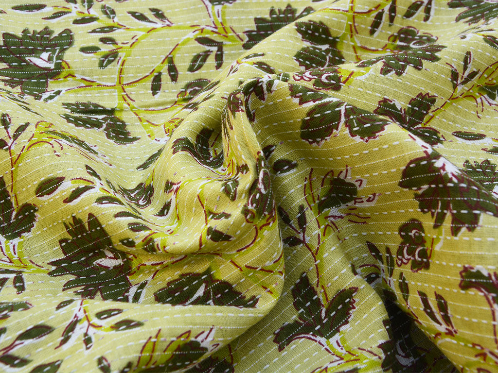 Light Yellow Floral Pure Cotton Kantha Fabric