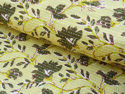 Light Yellow Floral Pure Cotton Kantha Fabric