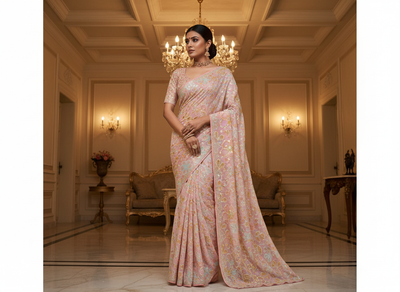 Pastel Pink Viscose Georgette With Sequins Embroidered Fabric