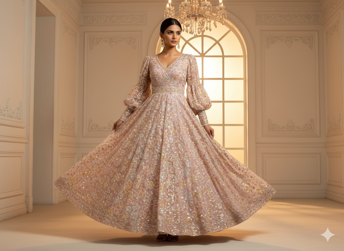 Pastel Pink Viscose Georgette With Sequins Embroidered Fabric