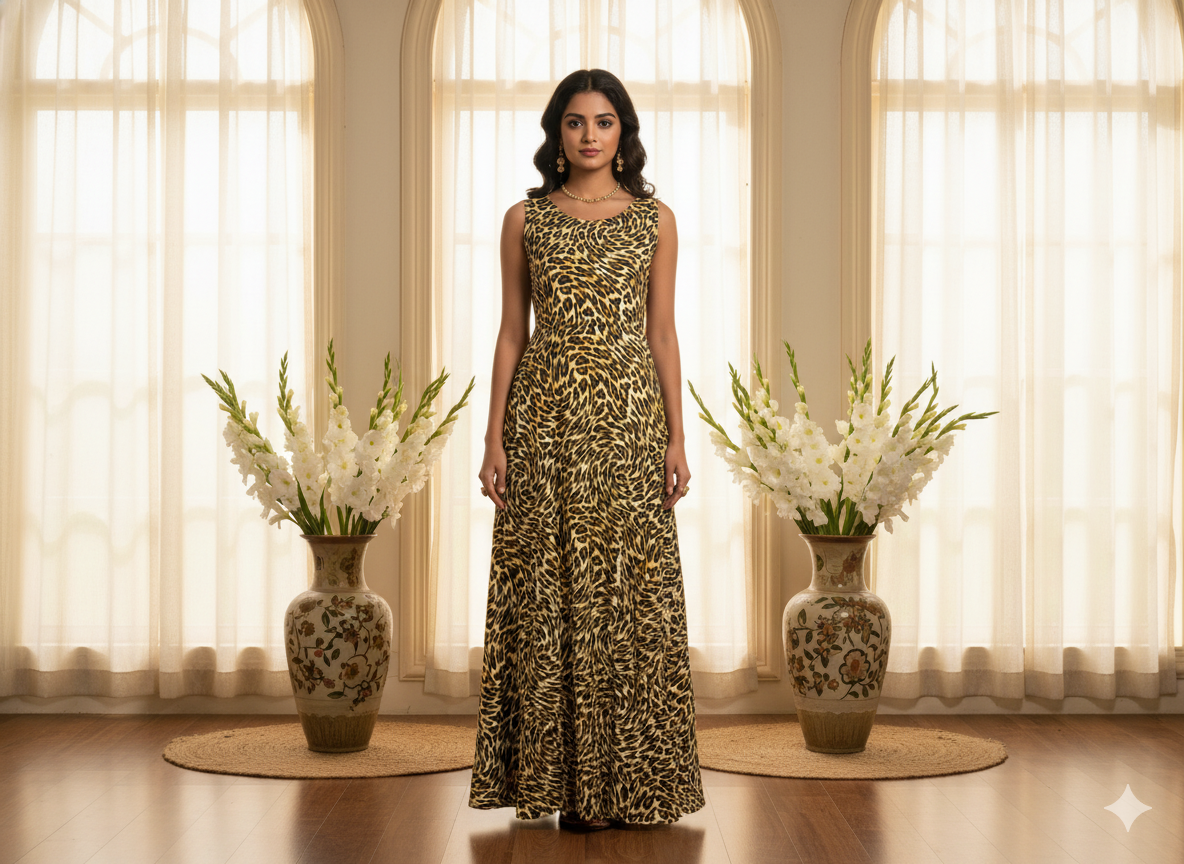 Cream Leopard Digitally Printed Butter Crepe Fabric