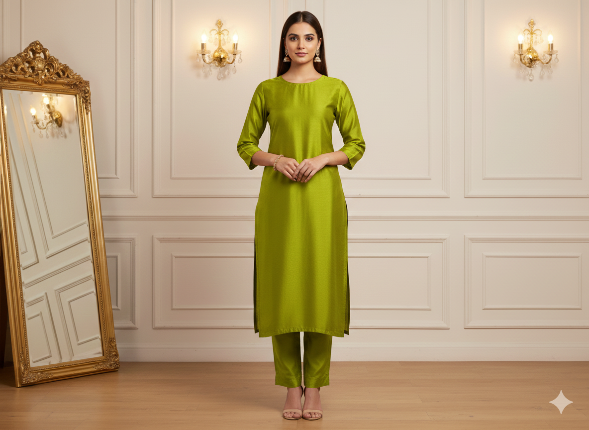 Parrot Green Plain Bangalore Raw Silk Fabric  (Wholesale)