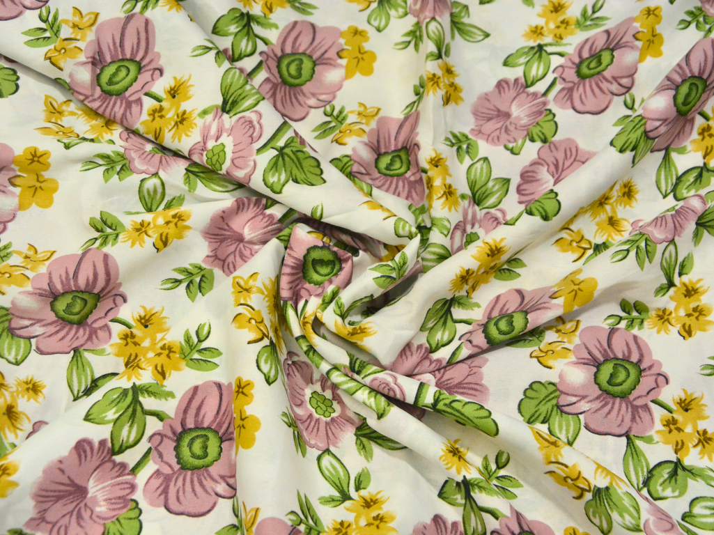Off White Floral Digitally Printed Butter Crepe Fabric
