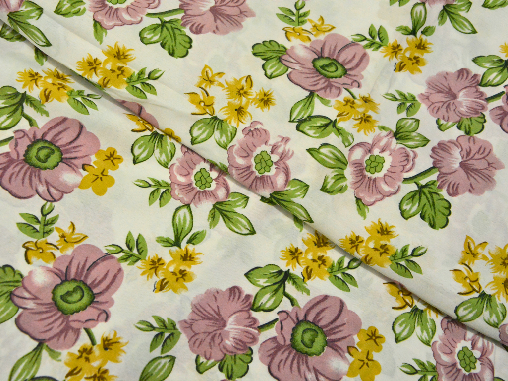 Off White Floral Digitally Printed Butter Crepe Fabric