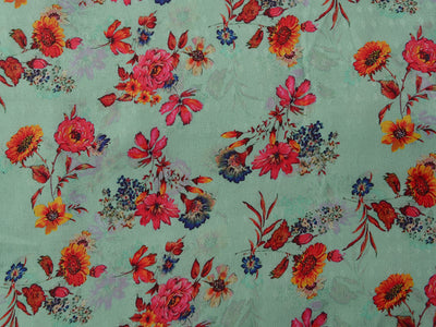 Mint Green & Red Floral Semi Pashmina Wool Fabric