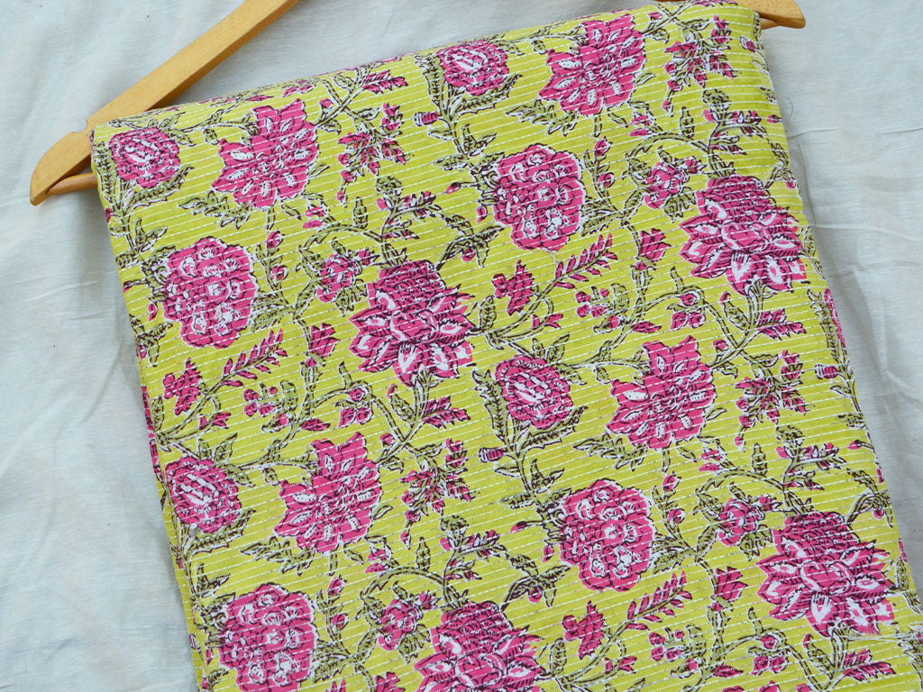 Lemon Yellow Floral Pure Cotton Kantha Fabric