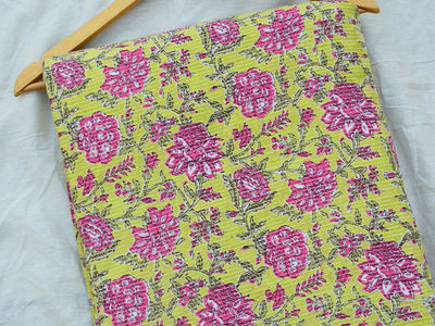 Lemon Yellow Floral Pure Cotton Kantha Fabric