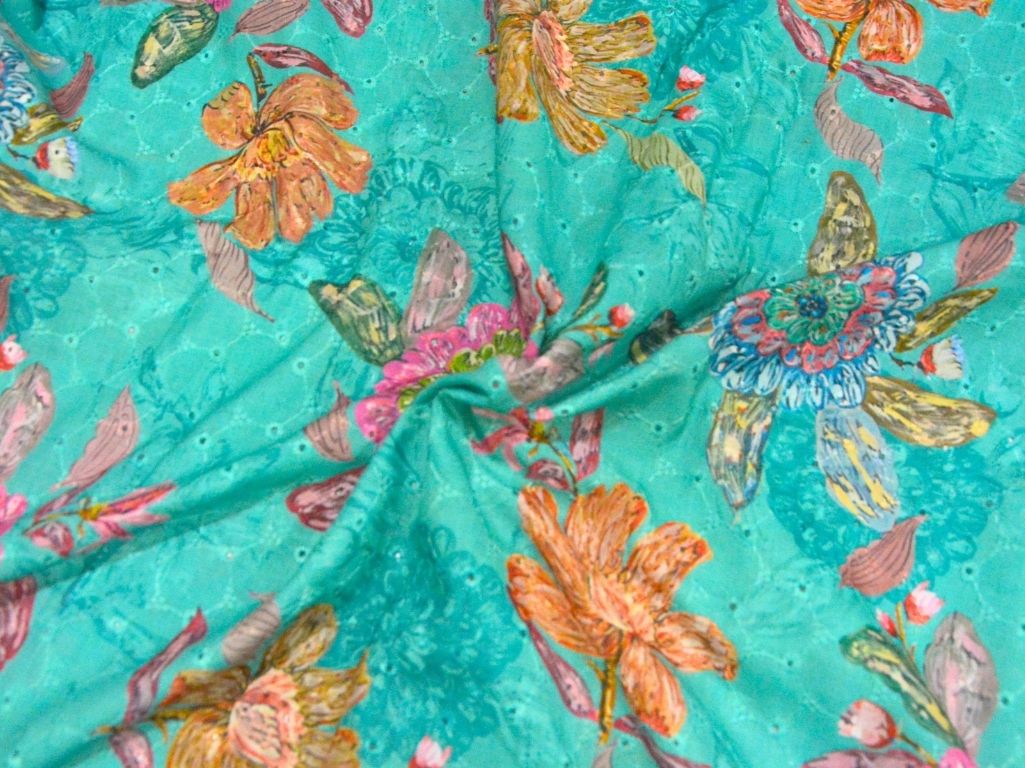 Teal Green 100 % Pure Cotton Chikan Embroidered Fabric