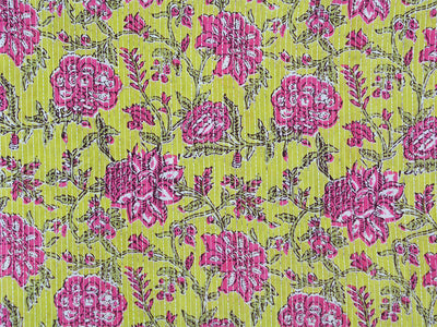 Lemon Yellow Floral Pure Cotton Kantha Fabric