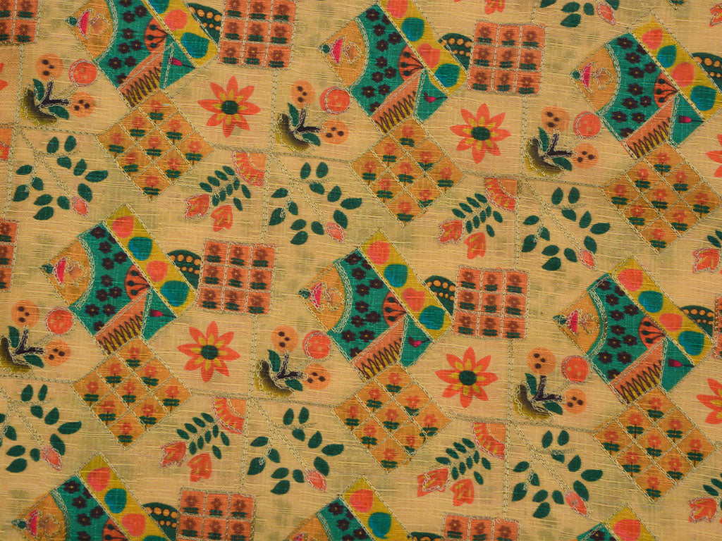 Coffee Yellow Traditional Digital Print Heavy Zari Embroidered Mulberry Silk Fabric